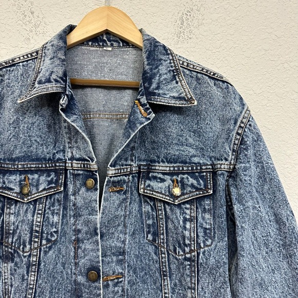 Vintage 80s THUMBS UP T.M. Distressed Trucker Jean Jacket in Blue - Picture 2 of 11